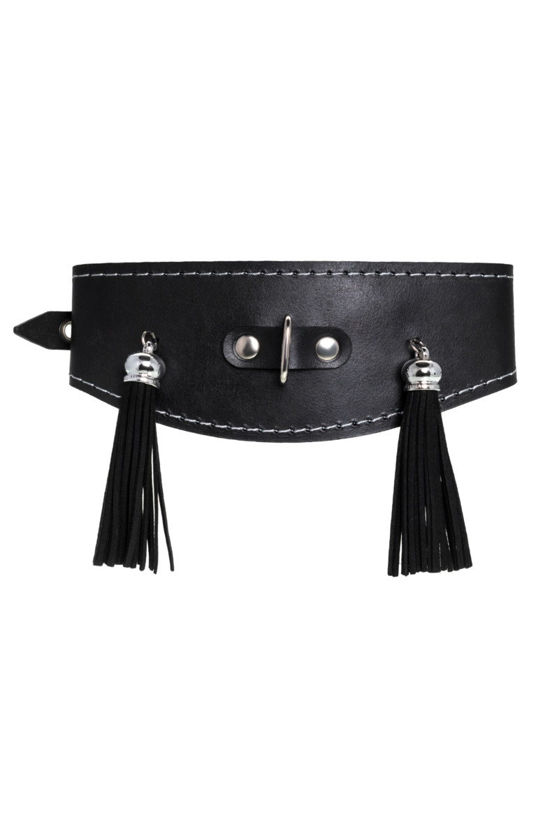 картинка Ошейник Pecado BDSM, высокий с кисточками, натуральная кожа, черный от магазина ErosMania