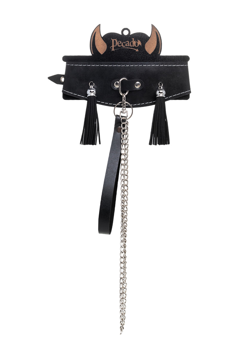 картинка Ошейник Pecado BDSM, высокий с кисточками, натуральная кожа, черный от магазина ErosMania