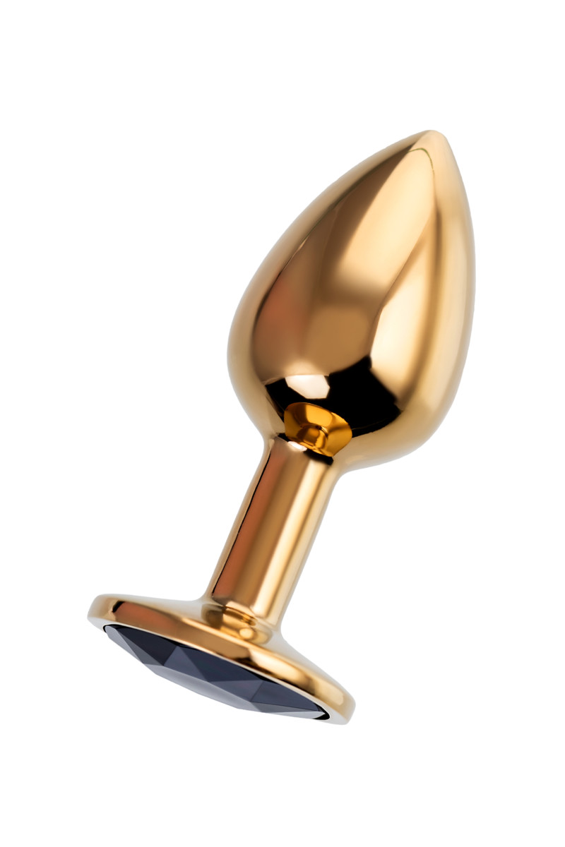 картинка Анальная втулка Штучки-Дрючки, металл, золотая, с чёрным кристаллом, 7 см, Ø 2,8 см, 50 г от магазина ErosMania