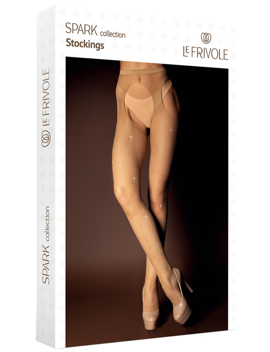 картинка Колготки сетка искрящимися стразами с вырезами (Spark), бежевый, S/XL от магазина ErosMania