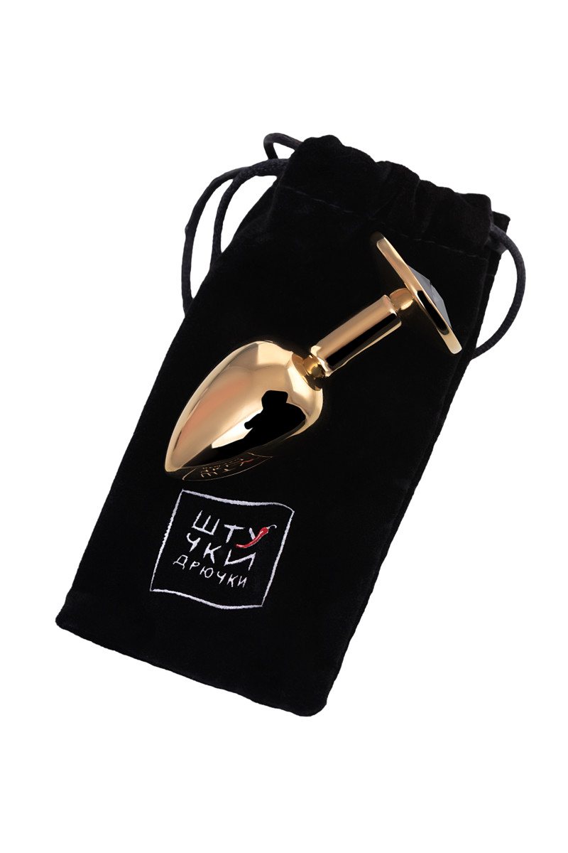 картинка Анальная втулка Штучки-Дрючки, металл, золотая, с чёрным кристаллом, 7 см, Ø 2,8 см, 50 г от магазина ErosMania