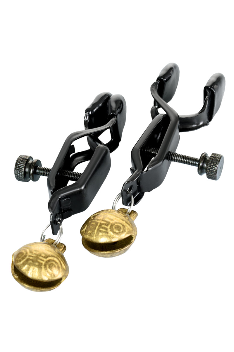 картинка Зажимы для сосков TOYFA Theatre, металл, черный с золотистым колокольчиком от магазина ErosMania
